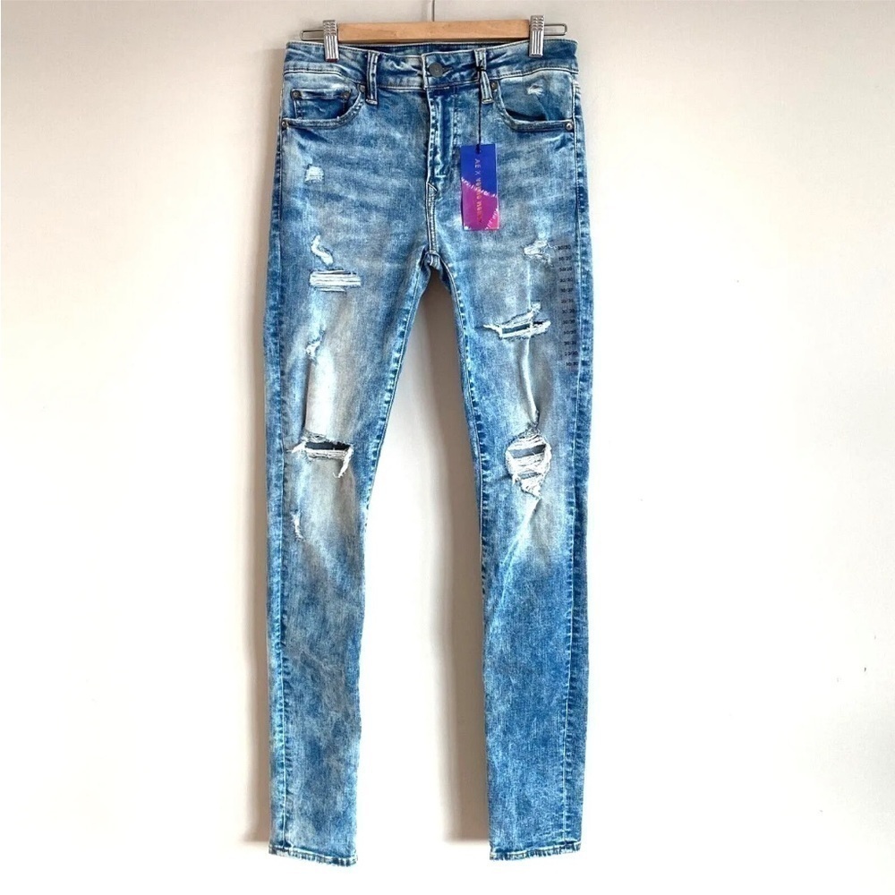 AMERICAN Eagle X Young Money Stacked Skinny Jeans Acid Wash Distressed 30X30 NEW